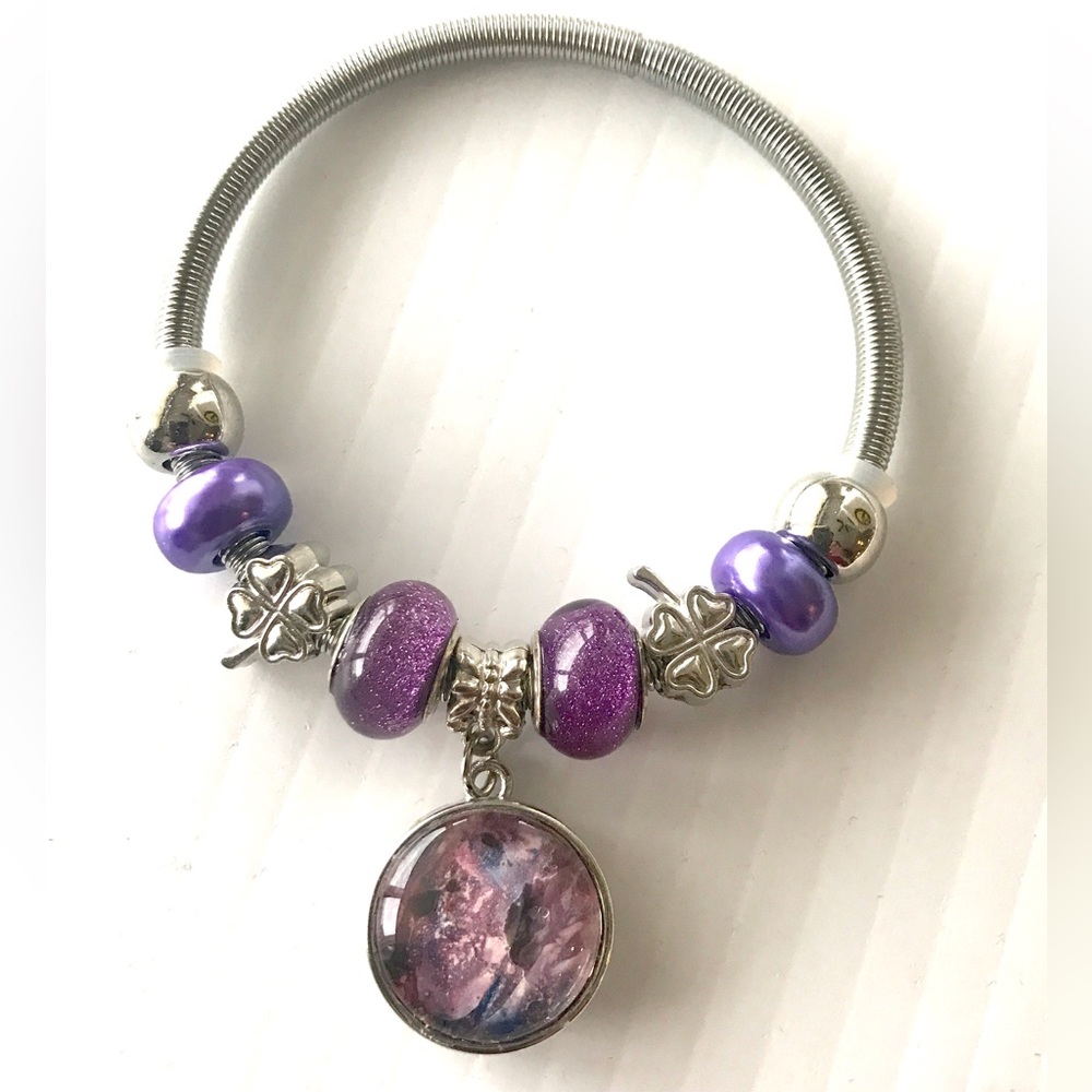 Charms snap bracelet bangle Handmade 20mm snap SB20 purple silver lucky clover